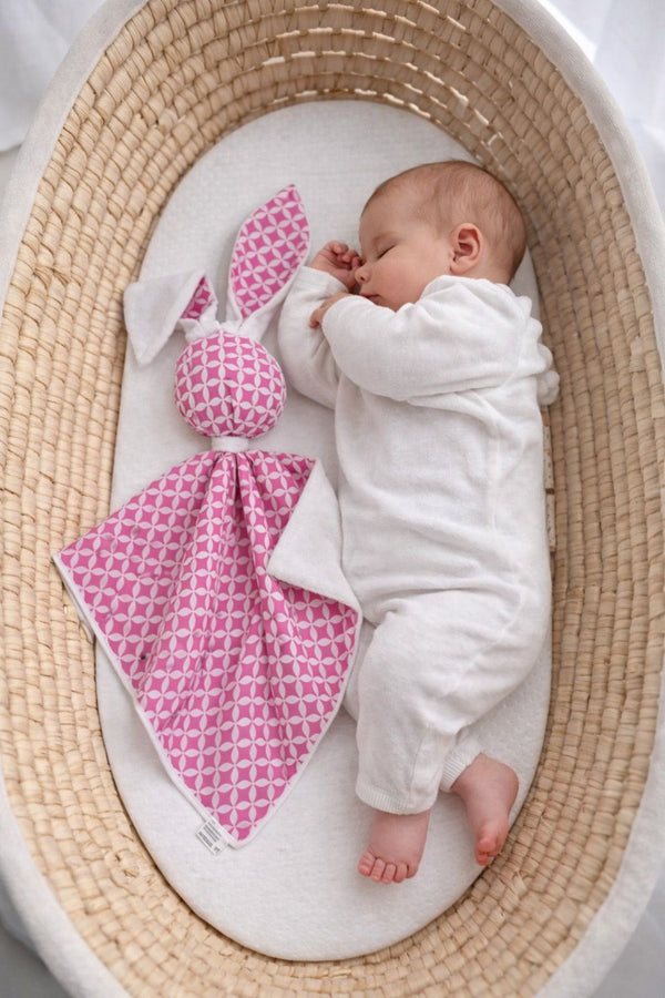 Bobono - Doudou pehmopupu kaksipuolinen puuvilla ja minky - Mini Rosette vaaleanpunainen - valkoinen