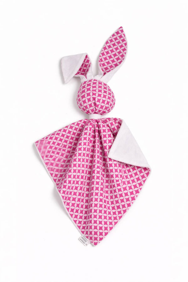 Bobono - Doudou pehmopupu kaksipuolinen puuvilla ja minky - Mini Rosette vaaleanpunainen - valkoinen