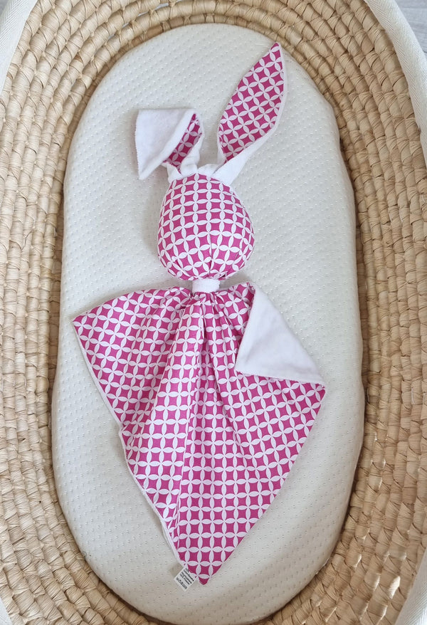 Bobono - Doudou pehmopupu kaksipuolinen puuvilla ja minky - Mini Rosette vaaleanpunainen - valkoinen