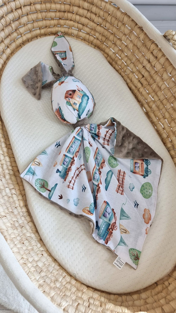 Bobono - Doudou pehmopupu kaksipuolinen puuvilla- ja minky-kangas - turkoosi juna - harmaa