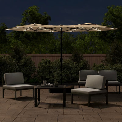 Kaksipäinen aurinkovarjo LED-valot taupe 316x240 cm