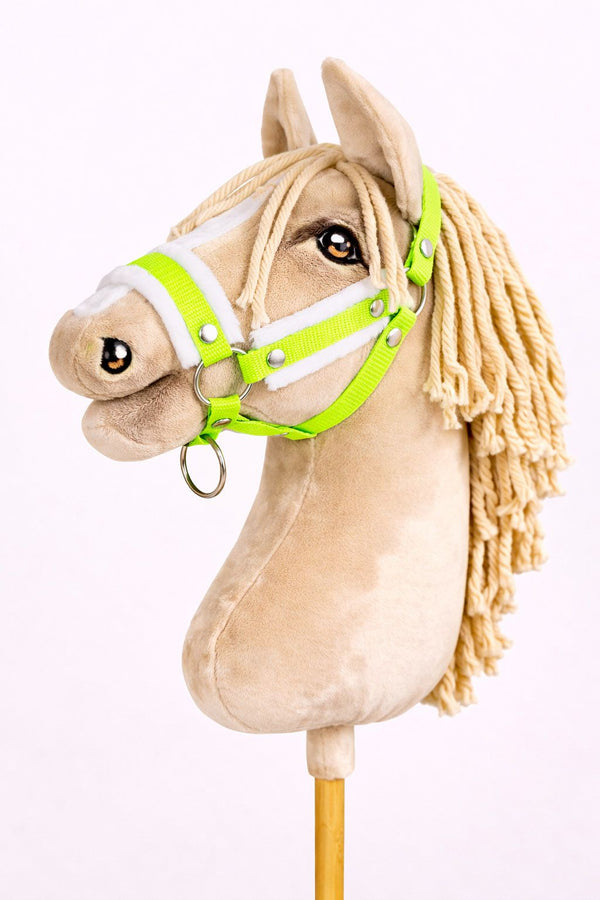 Super Hobby Horse - Säädettävät Hobby Horse A3 -riimut, neonvihreä valkoisella tekoturkiksella