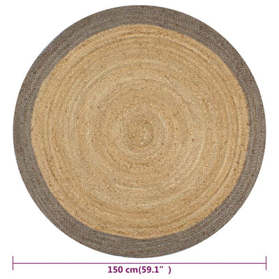 Käsintehty pyöreä juuttimatto harmaalla reunalla 150 cm