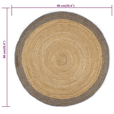 Käsintehty pyöreä juuttimatto harmaalla reunalla 90 cm