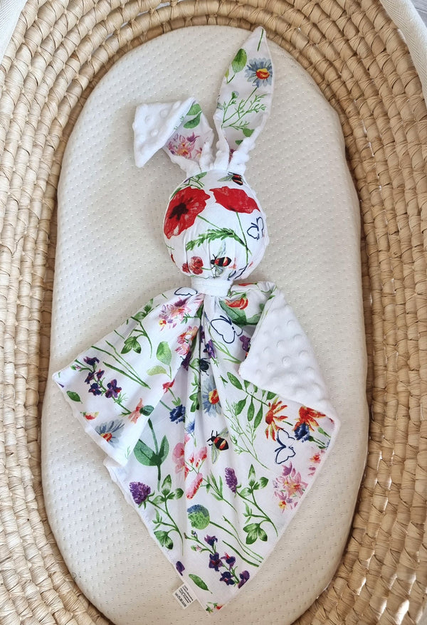 Bobono - Doudou pehmopupu kaksipuolinen puuvilla ja minky - Meadow - valkoinen