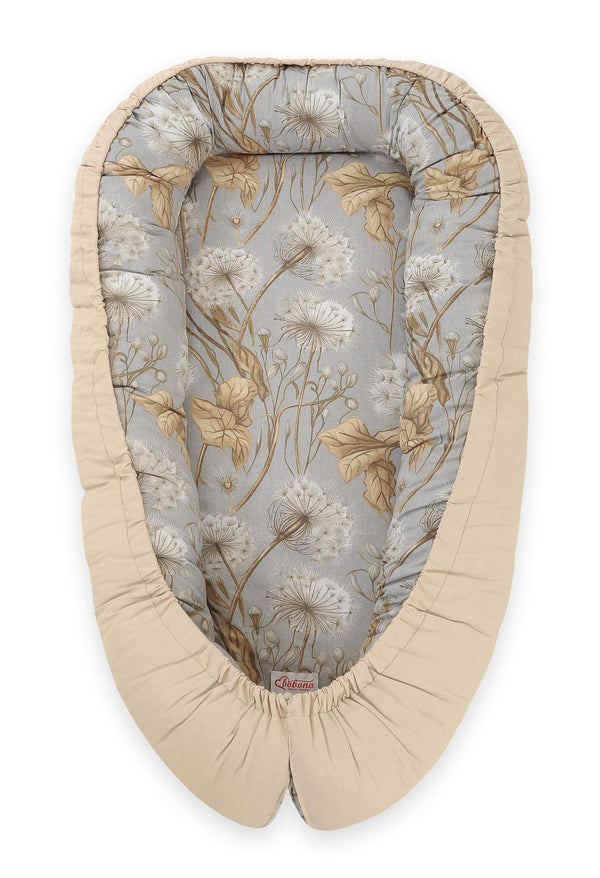 Bobono - Bobono Premium Cocoon kaksipuolinen vauvan pesä voikukat harmaa/beige