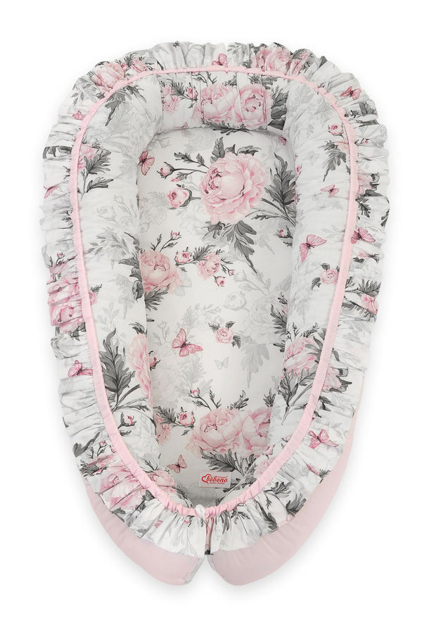 Bobono - Premium Cocoon vauvanpesä röyhelöllä - Romantic Peonies