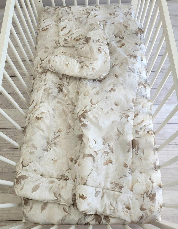 Bobono - 2-osainen vuodevaatesetti 75x100 cm Newborn - Pionit beige