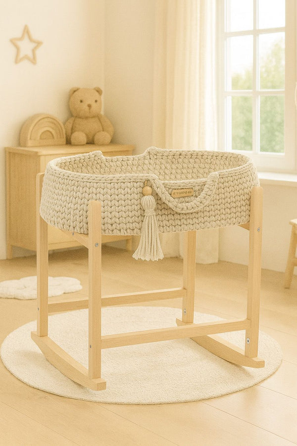 My Sweet Baby - Boho puuvillainen nuken kantokori kehdolla - vaalea beige