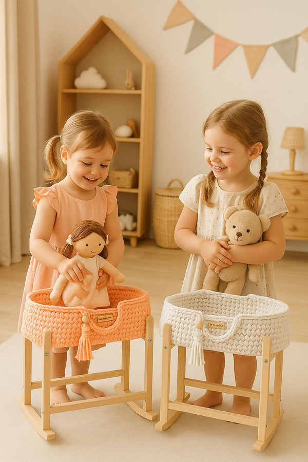 My Sweet Baby - Boho puuvillainen nuken kantokori kehdolla - persikka