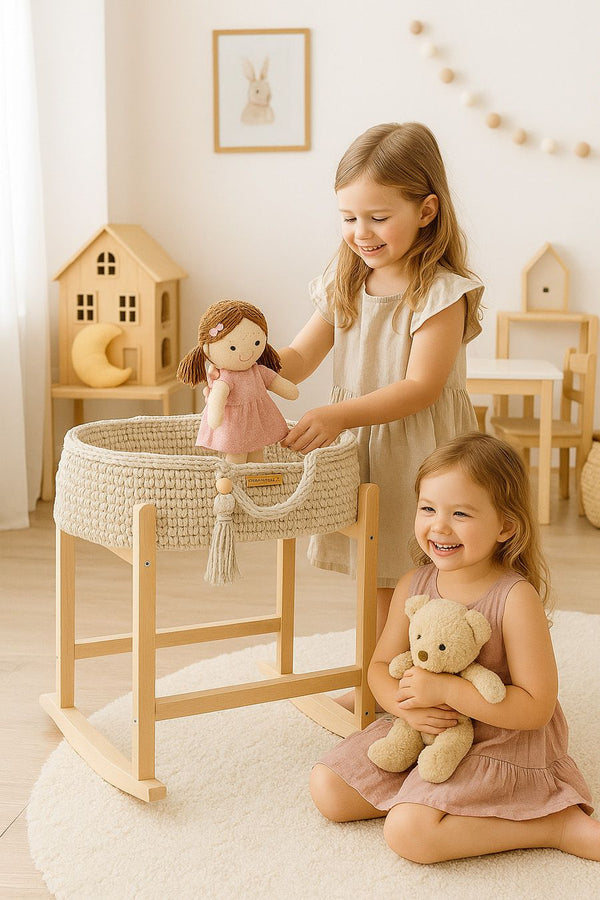 My Sweet Baby - Boho puuvillainen nuken kantokori kehdolla - vaalea beige