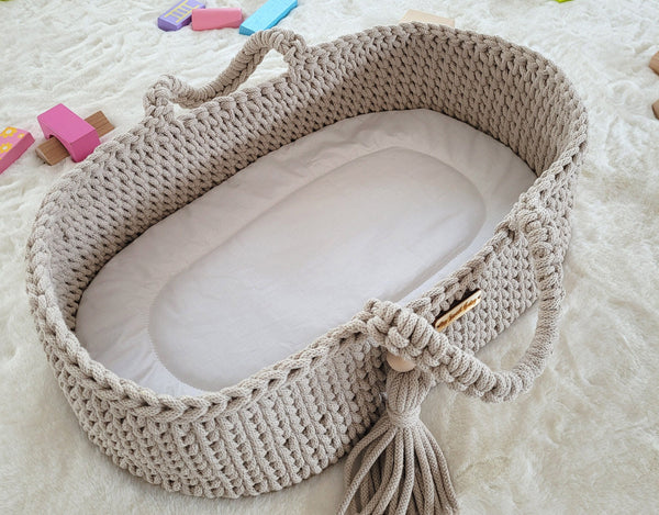 My Sweet Baby - Boho puuvillainen nuken kantokori kehdolla - vaalea beige