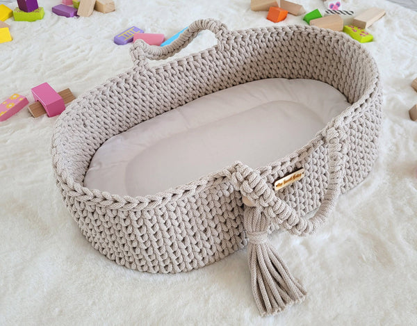 My Sweet Baby - Boho puuvillainen nuken kantokori kehdolla - vaalea beige