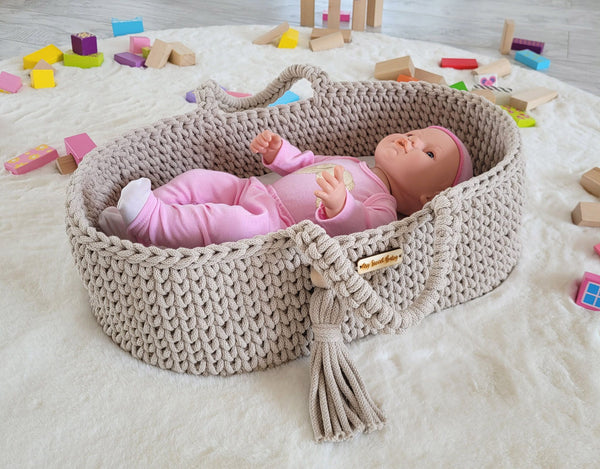 My Sweet Baby - Boho puuvillainen nuken kantokori kehdolla - vaalea beige