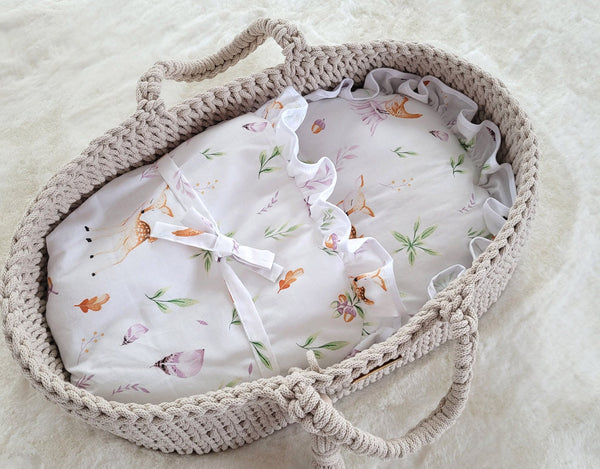 My Sweet Baby - Boho puuvillainen nuken kantokori kehdolla - vaalea beige