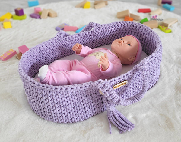 My Sweet Baby - Boho puuvillainen nuken kantokori kehdolla - violetti
