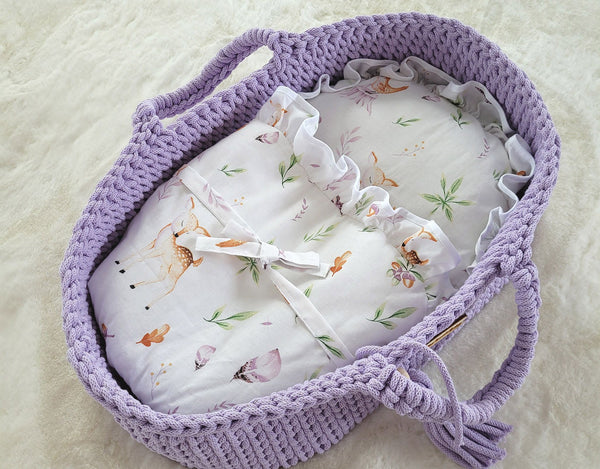 My Sweet Baby - Boho puuvillainen nuken kantokori kehdolla - violetti