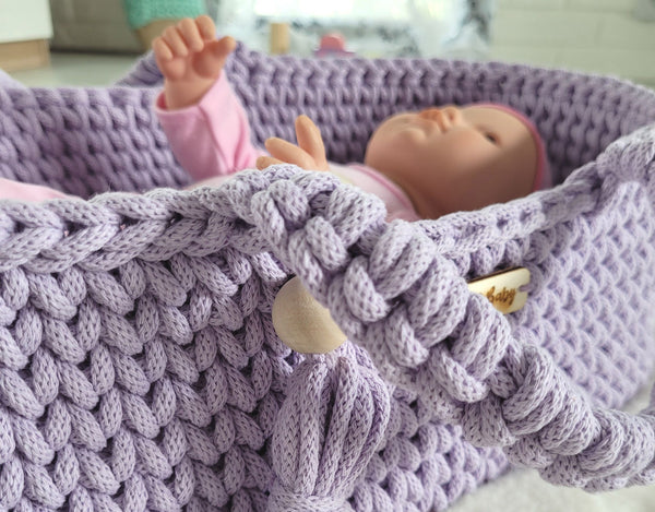My Sweet Baby - Boho puuvillainen nuken kantokori kehdolla - violetti