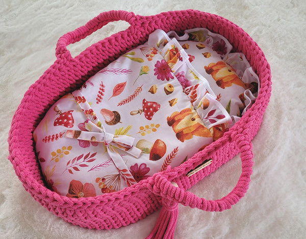 My Sweet Baby - Boho puuvillainen nuken kantokori kehdolla - fuksia
