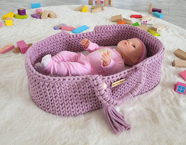 My Sweet Baby - Boho puuvillainen nuken kantokori kehdolla - laventeli