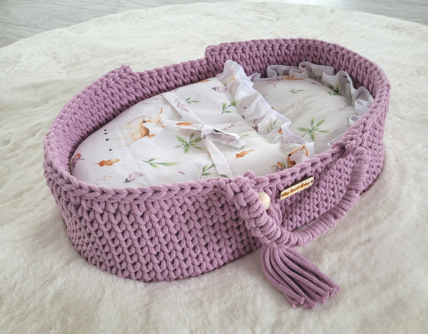 My Sweet Baby - Boho puuvillainen nuken kantokori kehdolla - laventeli