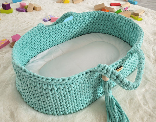 My Sweet Baby - Boho puuvillainen nuken kantokori kehdolla - minttu