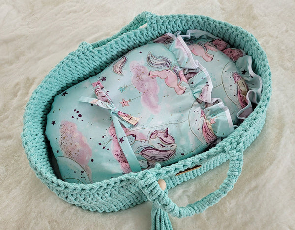 My Sweet Baby - Boho puuvillainen nuken kantokori kehdolla - minttu