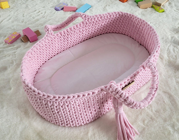 My Sweet Baby - Boho puuvillainen nuken kantokori kehdolla - vaaleanpunainen