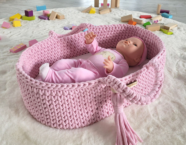 My Sweet Baby - Boho puuvillainen nuken kantokori kehdolla - vaaleanpunainen