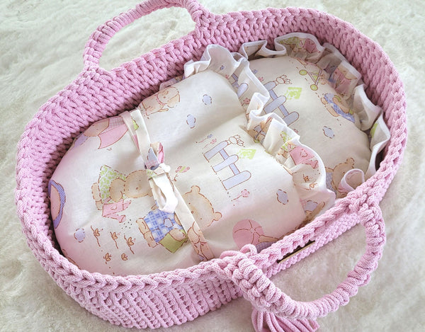 My Sweet Baby - Boho puuvillainen nuken kantokori kehdolla - vaaleanpunainen