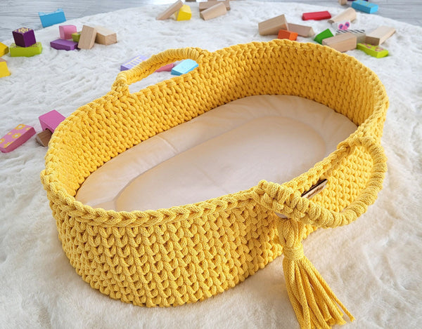 My Sweet Baby - Boho puuvillainen nuken kantokori kehdolla - keltainen
