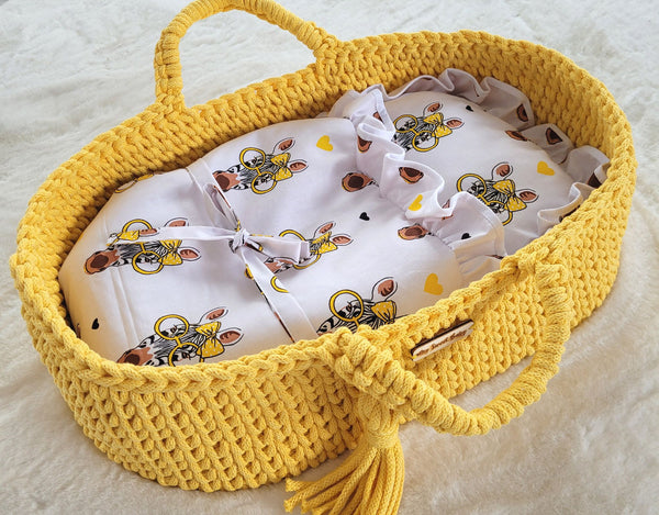 My Sweet Baby - Boho puuvillainen nuken kantokori kehdolla - keltainen