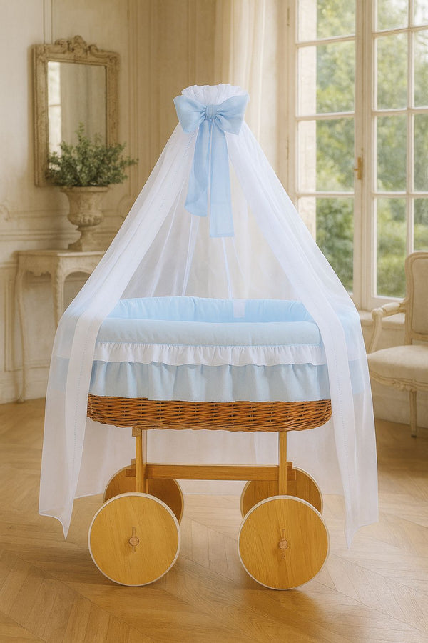 My Sweet Baby - Bellamy Deluxe Moses Basket -rottinkinen vauvan kehto verhoilla, luonnonvärinen + sininen vuodevaatteet