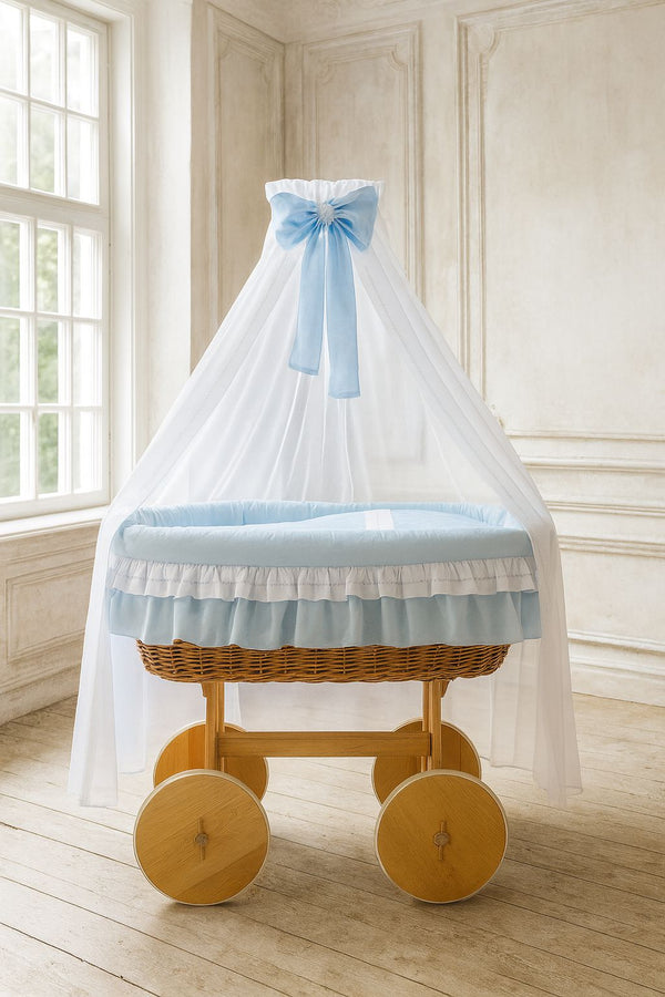 My Sweet Baby - Bellamy Deluxe Moses Basket -rottinkinen vauvan kehto verhoilla, luonnonvärinen + sininen vuodevaatteet