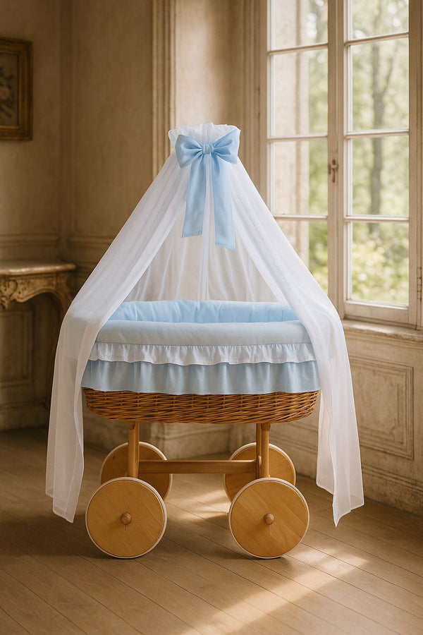 My Sweet Baby - Bellamy Deluxe Moses Basket -rottinkinen vauvan kehto verhoilla, luonnonvärinen + sininen vuodevaatteet