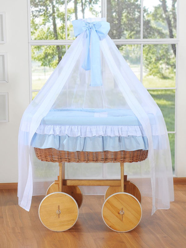 My Sweet Baby - Bellamy Deluxe Moses Basket -rottinkinen vauvan kehto verhoilla, luonnonvärinen + sininen vuodevaatteet