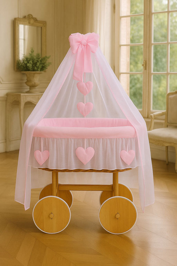 My Sweet Baby - Amelie Deluxe -kori-kehto verhoilla, luonnollinen + vaaleanpunainen vuodevaatteet