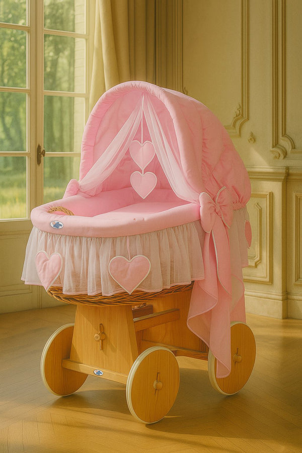 My Sweet Baby - Amelie pajuinen katettu vauvankori - luonnollinen + vaaleanpunainen vuodevaatteet