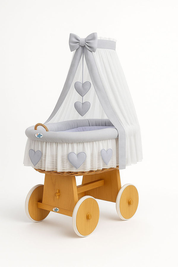 My Sweet Baby - Amelie rottinkinen vauvan kehto verhoilla - luonnonväri + harmaat vuodevaatteet