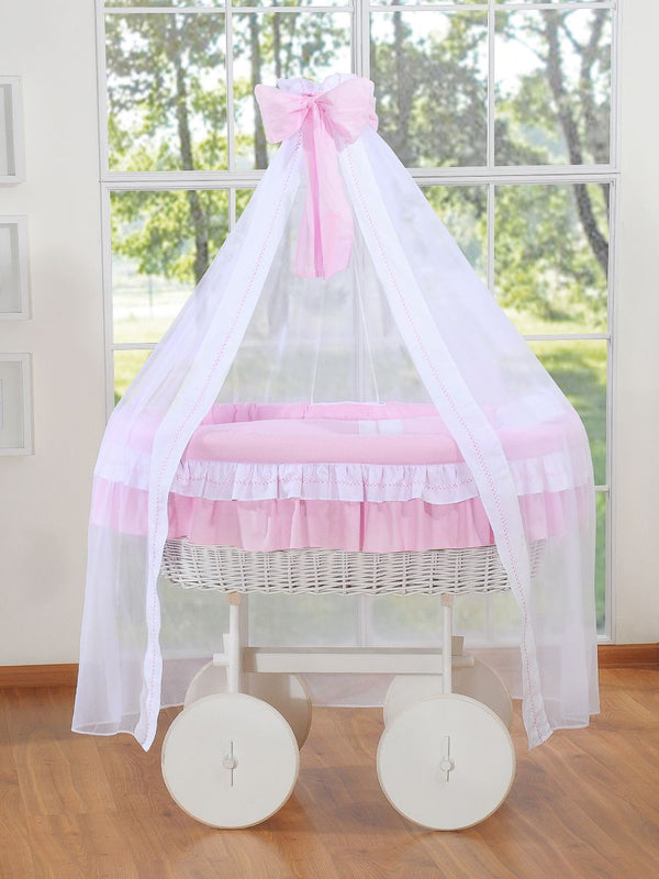 My Sweet Baby - Bellamy Deluxe wicker-kehto verhoilla, valkoinen + vaaleanpunaiset vuodevaatteet