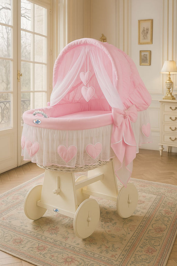My Sweet Baby - Amelie Moses Basket -kehto korikuvulla, valkoinen + vaaleanpunaiset vuodevaatteet