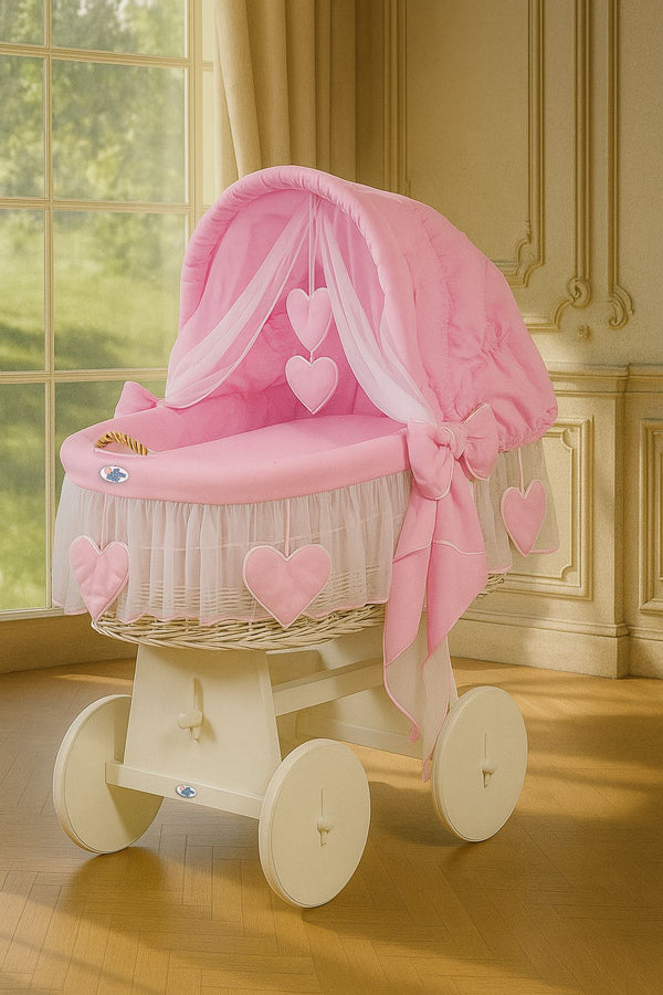 My Sweet Baby - Amelie Moses Basket -kehto korikuvulla, valkoinen + vaaleanpunaiset vuodevaatteet