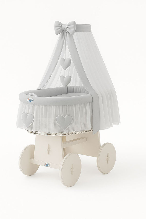 My Sweet Baby - Amelie rottinkinen Moses-kori verhoiltu kehto - valkoinen + harmaat vuodevaatteet