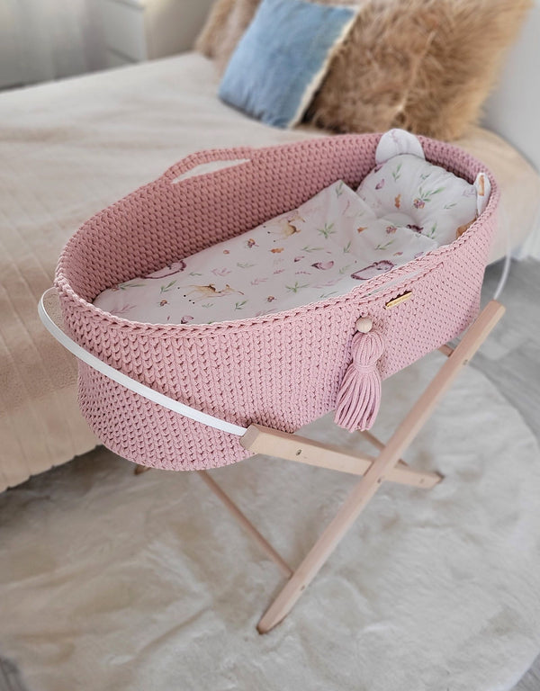 My Sweet Baby - Boho käsintehty Moses-kori telineellä - pastellinvaaleanpunainen