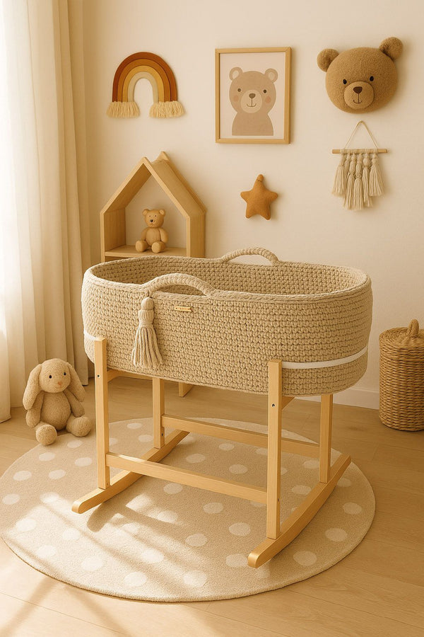 My Sweet Baby - Boho käsintehty Moses-kori kehdolla - vaalea beige