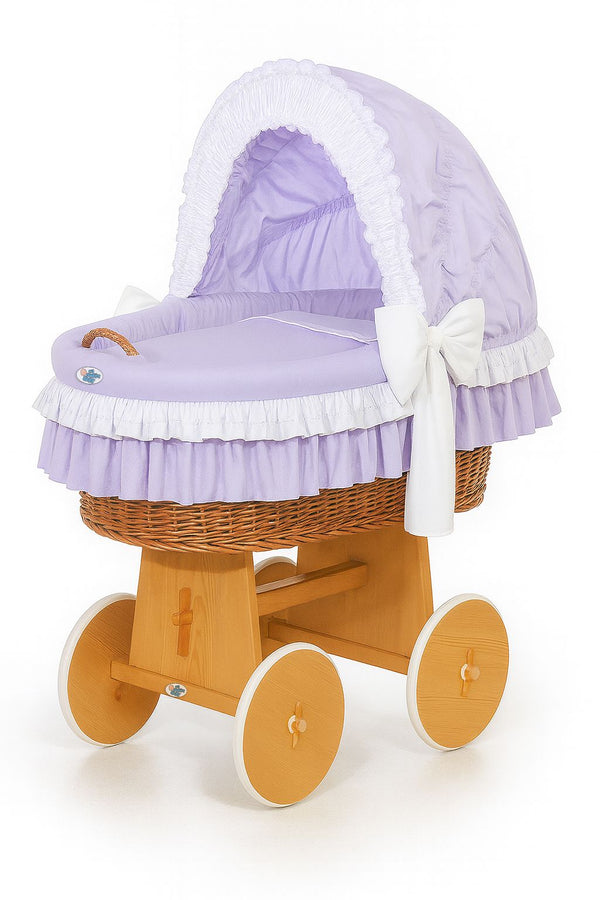 My Sweet Baby - Bellamy Moses Basket -kehto hupulla, luonnollinen punos + lila vuodevaatteet
