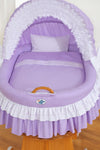 My Sweet Baby - Bellamy Moses Basket -kehto hupulla, luonnollinen punos + lila vuodevaatteet