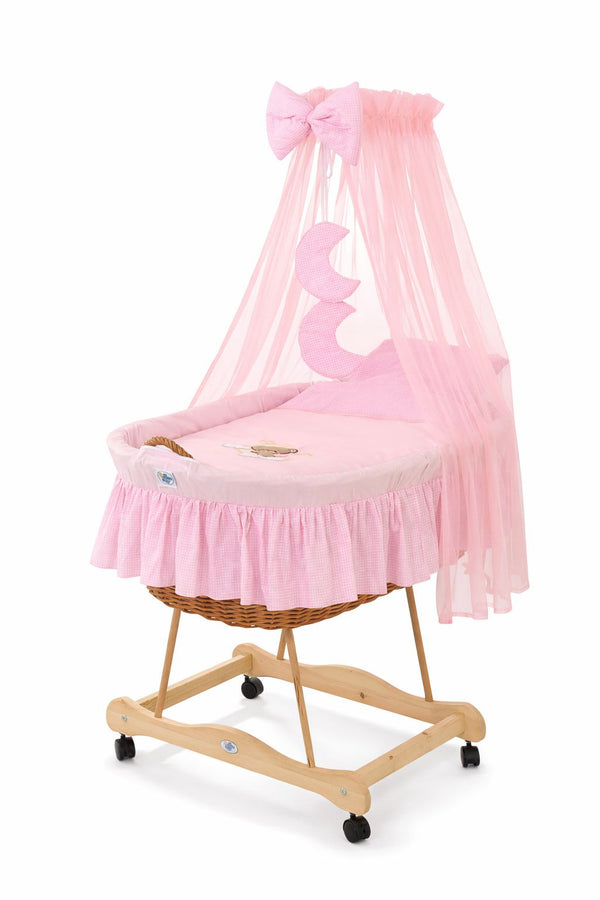 My Sweet Baby - Pajuinen Moses-kori verholla pinnasänkyyn Hyvää yötä - luonnollinen + vaaleanpunainen vuodevaatteet