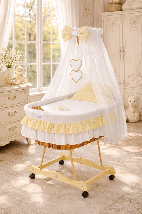 My Sweet Baby - Punoskori verhoiltu kehto karhu rusetilla - luonnollinen + valkoinen vuodevaatesetti