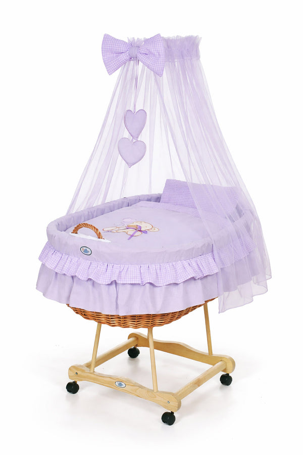 My Sweet Baby - Punoskorinen vauvankori verhoilla Karhu rusetilla - luonnollinen + liila vuodevaatteet